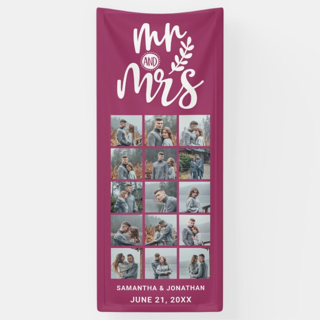 15 Photo Collage Pink & White Mr. & Mrs. Wedding  Banner (Vertical)
