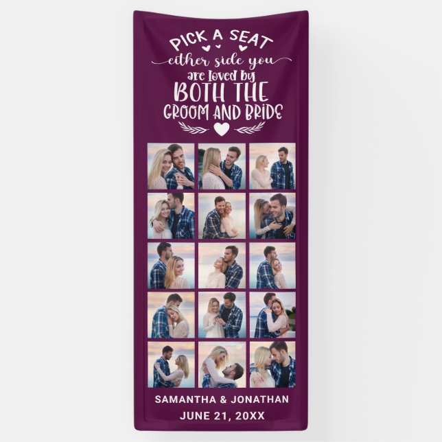 15 Photo Collage Plum/White Welcome To Our Wedding Banner (Vertical)