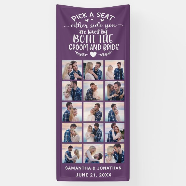 15 Photo Collage Purple Welcome To Our Wedding Banner (Vertical)