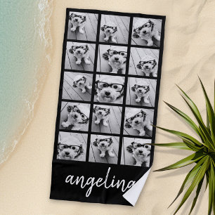 15 Photo Collage with script name - black white Beach Towel