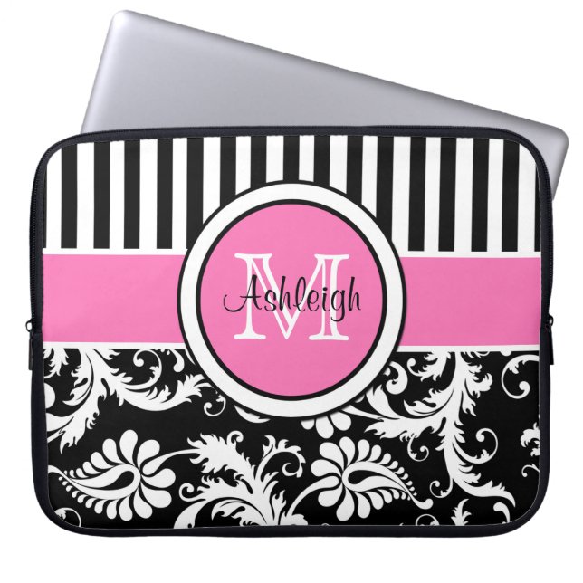 15" Pink Black White Damask Striped Laptop Sleeve (Front)