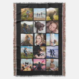 15 Square Photo Collage Keepsake Black Throw Blanket
