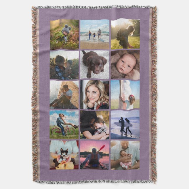 15 Square Photo Collage Keepsake Lavender Throw Blanket (Front Vertical)