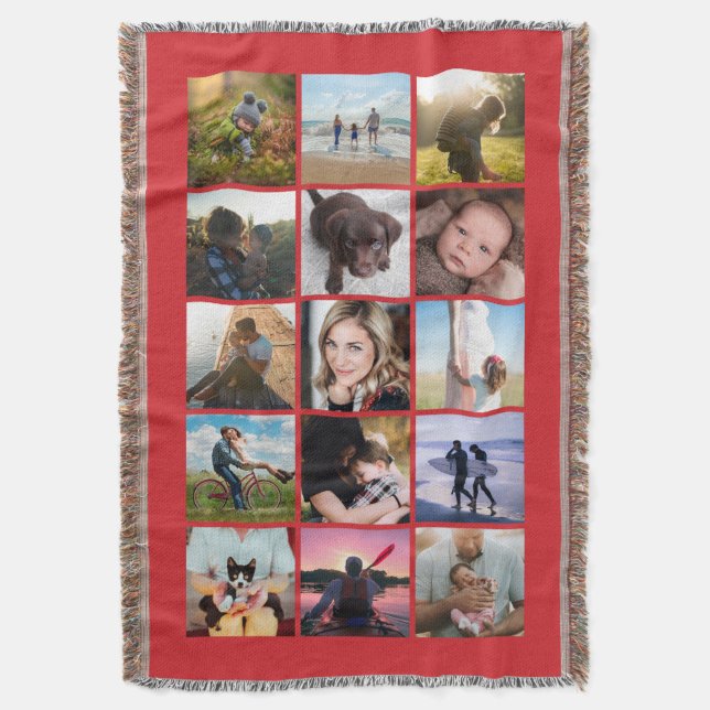 15 Square Photo Collage Keepsake Red Throw Blanket (Front Vertical)