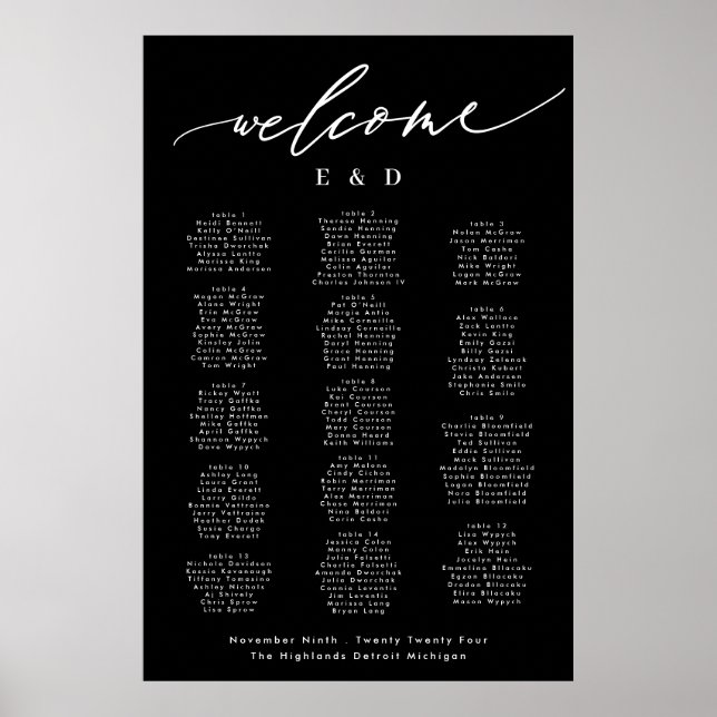 15 table Black Calligraphy Wedding Welcome Seating Poster (Front)