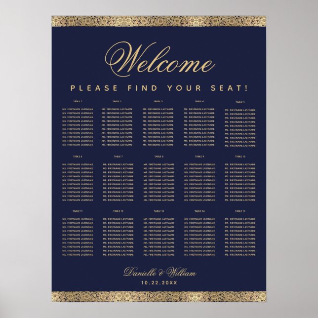 15 Table Elegant Navy Blue Gold Seating Chart (Front)