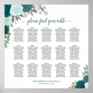 15 Table Elegant Teal Roses Wedding Seating Chart