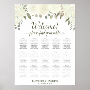 15 Table Ivory White Roses Wedding Seating Chart