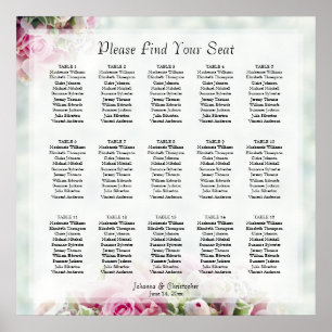 15 Table Pink Roses & Peony Wedding Seating Chart