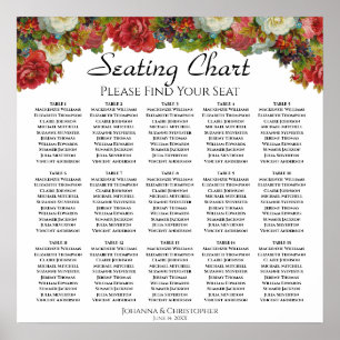15 Table Red Fall Flowers Wedding Seating Chart