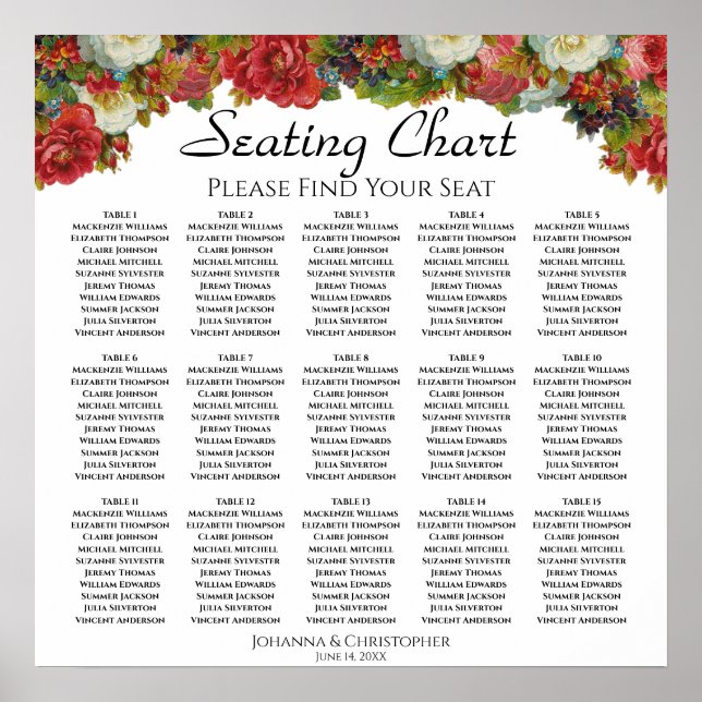 15 Table Red Fall Flowers Wedding Seating Chart (Front)