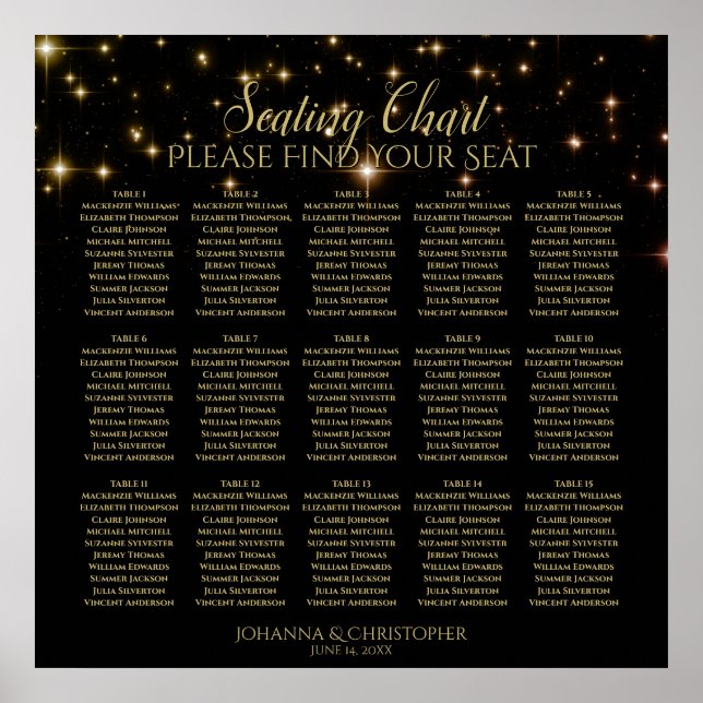 15 Table Shimmering Sparkles Wedding Seating Chart (Front)