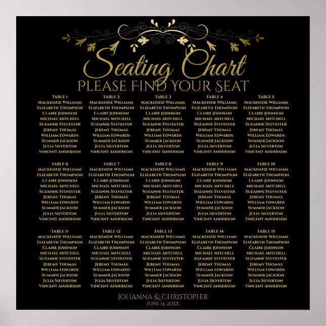15 Table Simple Black & Gold Wedding Seating Chart (Front)