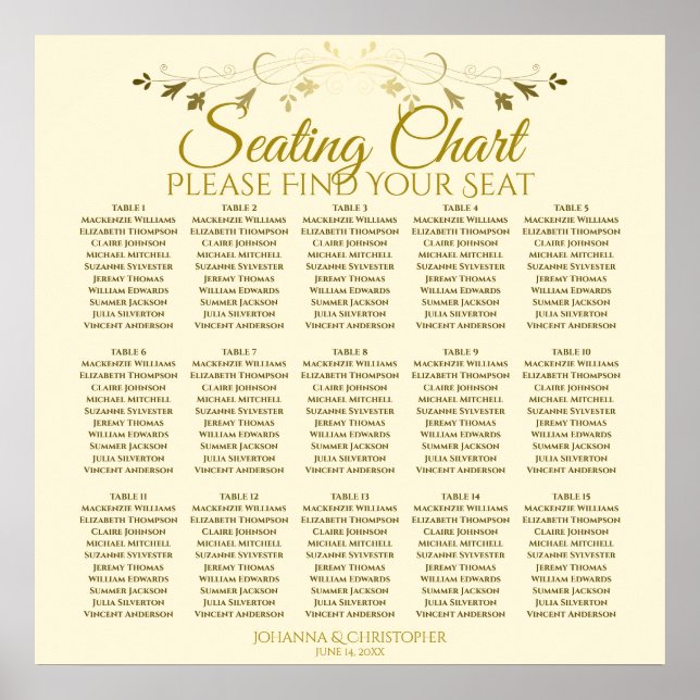 15 Table Simple Gold Cream Wedding Seating Chart (Front)