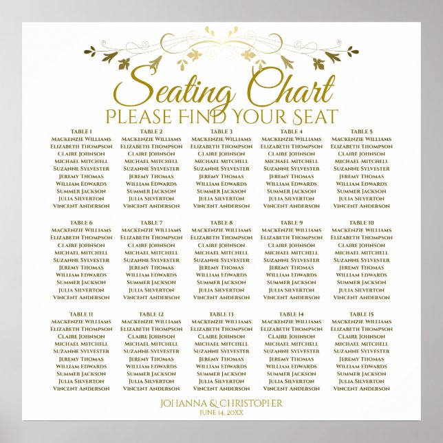 15 Table Simple Gold White Wedding Seating Chart (Front)