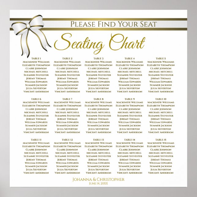 15 Table White & Gold Ribbon Wedding Seating Chart (Front)