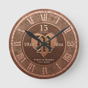 15 Year Vintage Copper Look Wedding Anniversary   Round Clock