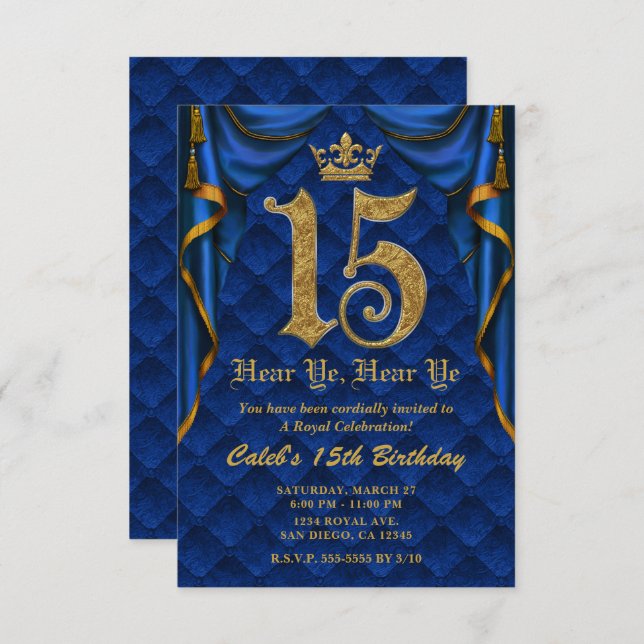 15TH 15 Birthday Party Royal Blue Gold Crown   Invitation (Front/Back)