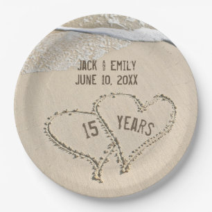 15th Anniversary Beach Hearts Paper Plate