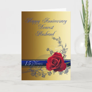 15th Anniversary card for husband with a red rose
