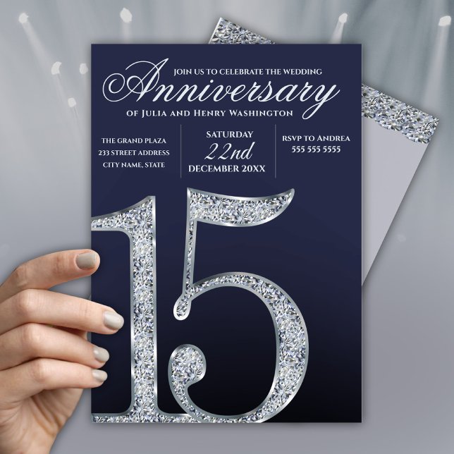 15th Anniversary Diamond Silver Dark Blue Years Invitation (Creator Uploaded)