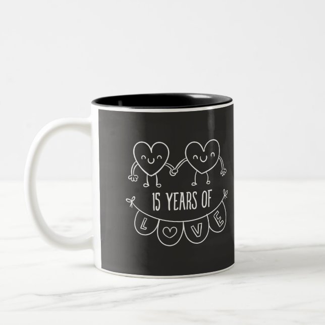 15th Anniversary Gift Chalk Hearts Two-Tone Coffee Mug (Left)