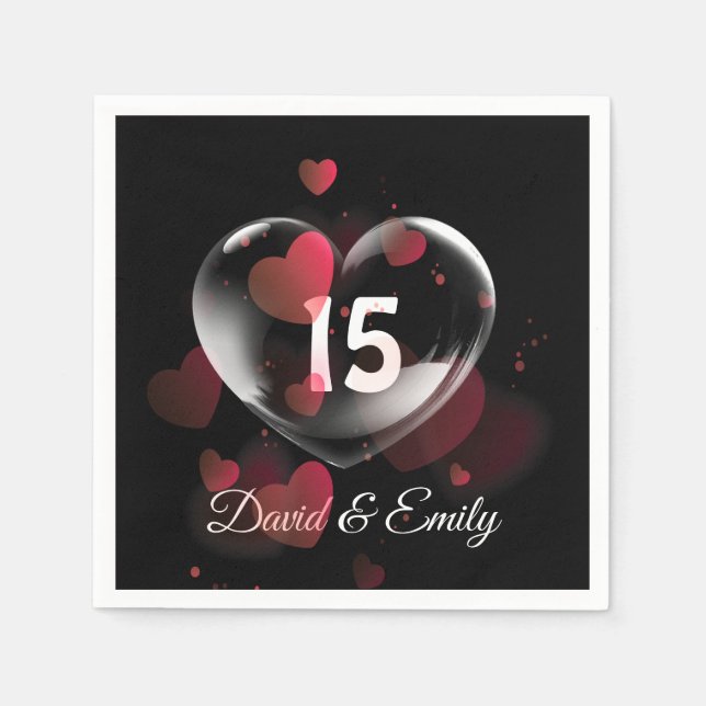15th Anniversary Heart Bubble With Red Hearts   Napkin (Front)