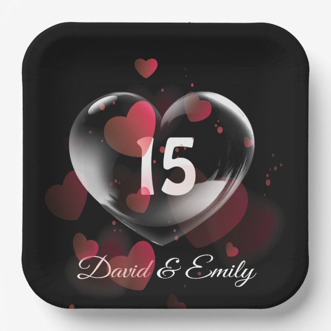 15th Anniversary Heart Bubble With Red Hearts  Paper Plate (Front)