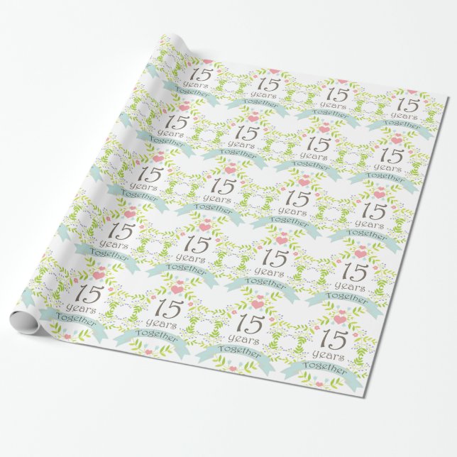 15th Anniversary Love Heart Gift Wrap (Unrolled)