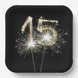 15th Anniversary Party Sparklers on Black  Paper Plate