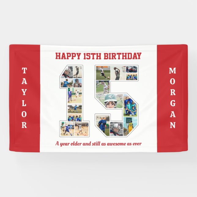15th Birthday Anniversary Number 15 Photo Collage Banner (Horizontal)