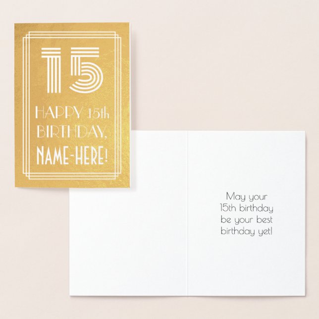 15th Birthday – Art Deco Inspired Look "15" + Name Foil Card (Display)
