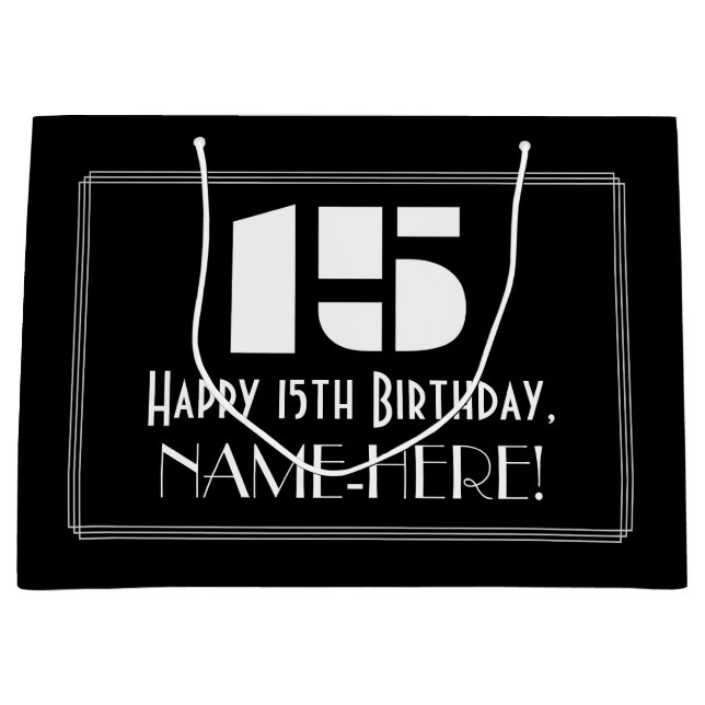 15th Birthday ~ Art Deco Inspired Look "15" + Name Large Gift Bag (Front)