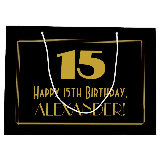 15th Birthday — Art Deco Inspired Look "15" & Name Large Gift Bag (Back)