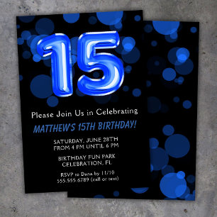 15th Birthday Balloons Kids Blue Boy Party Invitation