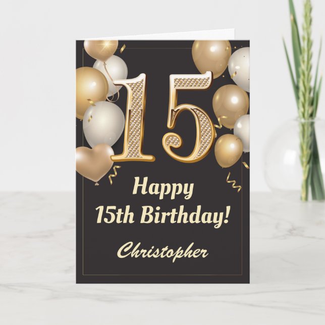 15th Birthday Black and Gold Balloons Confetti Card (Front)