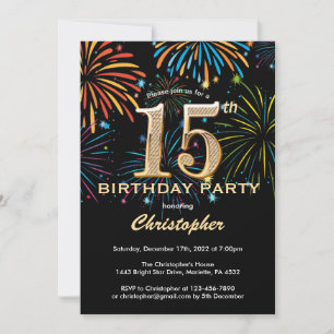 15th Birthday Black and Gold Rainbow Fireworks Invitation