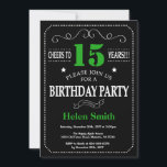 15th Birthday Black and Green Chalkboard Invitation<br><div class="desc">15th Birthday Invitation Black and Green Typography. Chalkboard. Black and White Background. Adult Birthday. Male Men or Women Birthday. Kids Boy or Girl Lady Teen Teenage Bday Invite. 13th 15th 16th 18th 20th 21st 30th 40th 50th 60th 70th 80th 90th 100th. Any Age. For further customisation, please click the "Customise...</div>