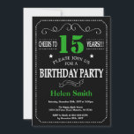 15th Birthday Black and Green Chalkboard Invitation<br><div class="desc">15th Birthday Invitation Black and Green Typography. Chalkboard. Black and White Background. Adult Birthday. Male Men or Women Birthday. Kids Boy or Girl Lady Teen Teenage Bday Invite. 13th 15th 16th 18th 20th 21st 30th 40th 50th 60th 70th 80th 90th 100th. Any Age. For further customisation, please click the "Customise...</div>