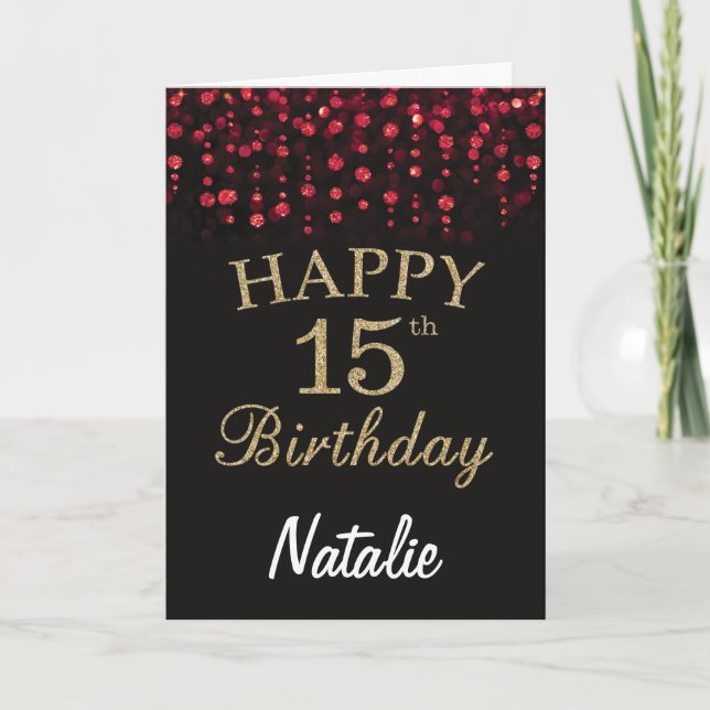 15th Birthday Black and Red Gold Glitter Card (Front)