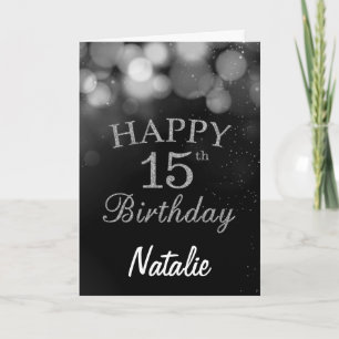 15th Birthday Black and Silver Glitter Card