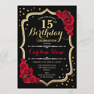 15th Birthday - Black Gold Red Roses Invitation