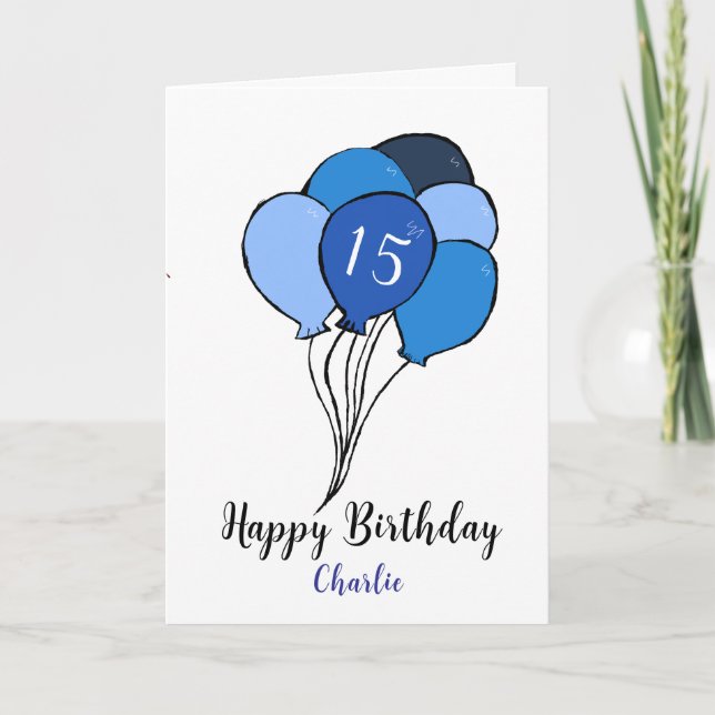 15th birthday bunch of blue balloons card (Front)