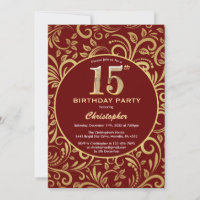 15th Birthday Burgundy Red and Gold Floral Pattern