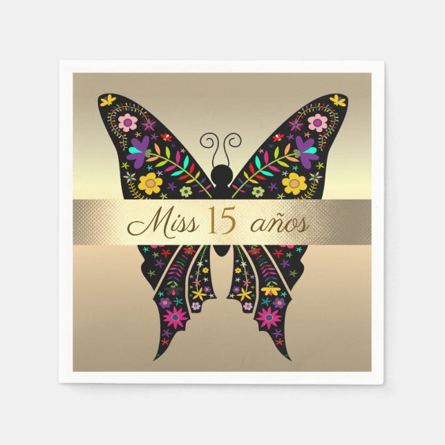 15th Birthday , Colourful Butterfly Gold Foil Napkin (Front)
