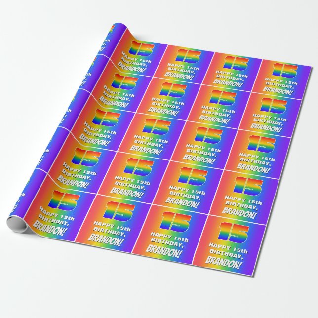 15th Birthday: Colourful, Fun Rainbow Pattern # 15 Wrapping Paper (Unrolled)
