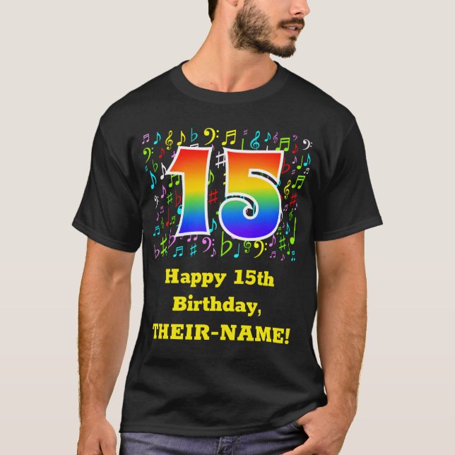 15th Birthday: Colourful Music Symbols, Rainbow 15 T-Shirt (Front)