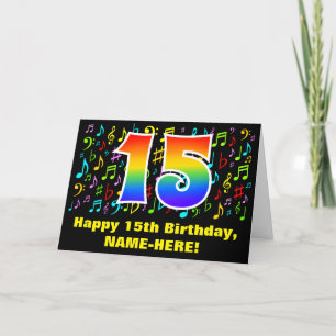 15th Birthday: Colourful Music Symbols & Rainbow 1 Card