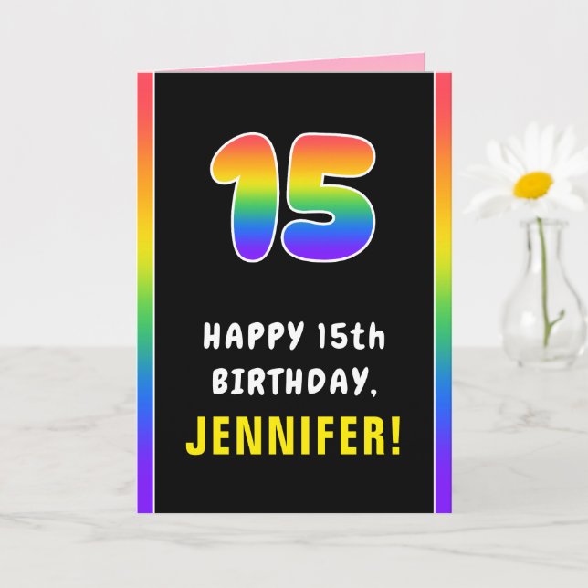 15th Birthday: Colourful Rainbow # 15, Custom Name Card (Small Plant)