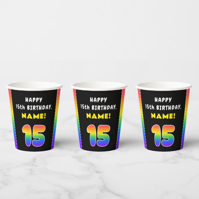 15th Birthday: Colourful Rainbow # 15, Custom Name Paper Cups (Multi)